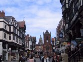 Looking up Bridge Street to the Cross and the town hall.
