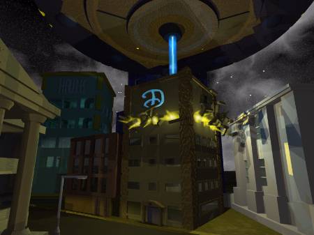 The aliens do a helpful job in cleaning away low-polygon buildings.